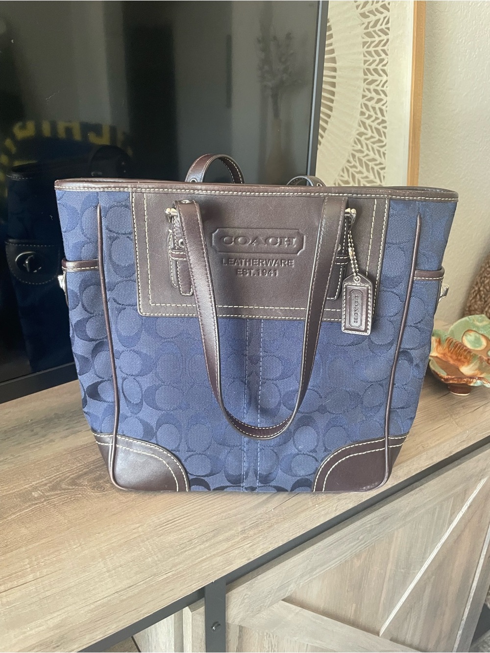 Coach Navy Signature Canvas Tote with Brown Leather Accents